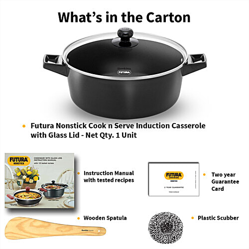 Hawkins Futura Non-stick Cook N Serve Casserole - With Glass Lid, Black, INCB50G, 5 L For Cooking and Serving