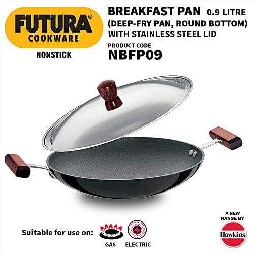 Hawkins Futura Nonstick Breakfast Pan/Appachatty - 22 cm, 3.25 mm, With Stainless Steel Lid, Black, NBFP09, 900 ml  