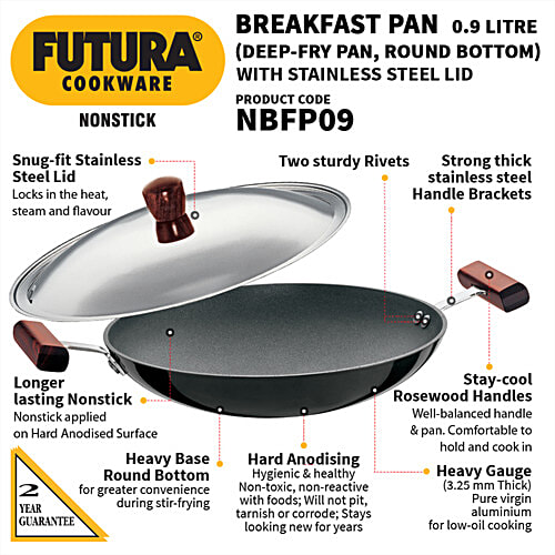 Hawkins Futura Nonstick Breakfast Pan/Appachatty - 22 cm, 3.25 mm, With Stainless Steel Lid, Black, NBFP09, 900 ml  