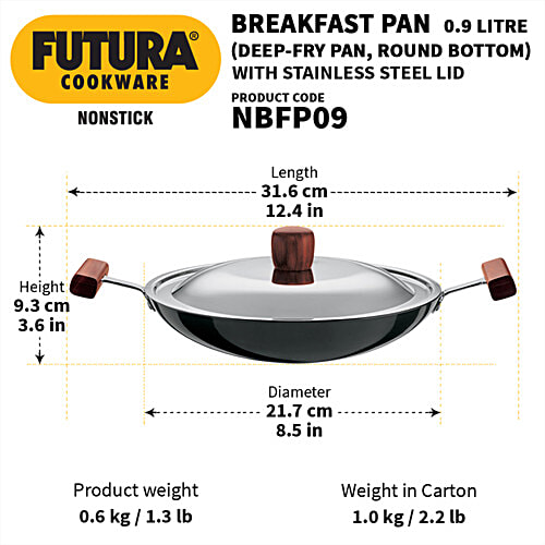 Hawkins Futura Nonstick Breakfast Pan/Appachatty - 22 cm, 3.25 mm, With Stainless Steel Lid, Black, NBFP09, 900 ml  