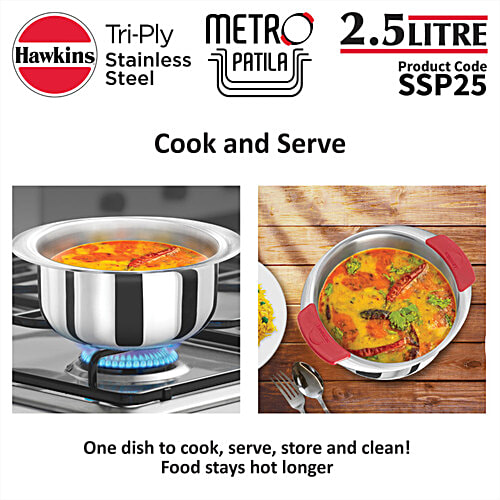 Hawkins Tri-Ply Stainless Steel Metro Patila - With Detachable Snug-fit Silicone Grips, SSP25, 2.5 l  Induction Compatible