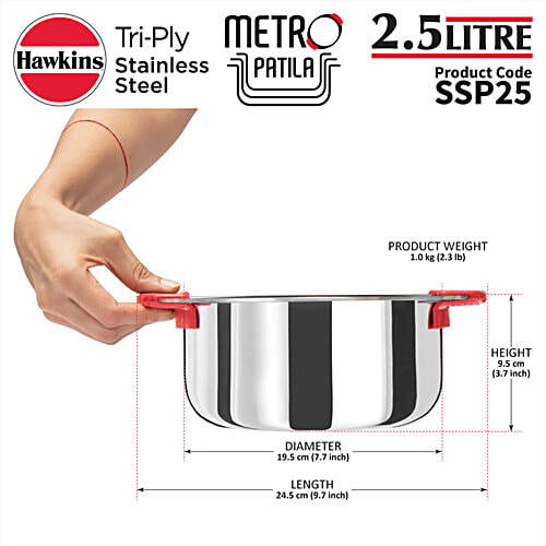 Hawkins Tri-Ply Stainless Steel Metro Patila - With Detachable Snug-fit Silicone Grips, SSP25, 2.5 l  Induction Compatible