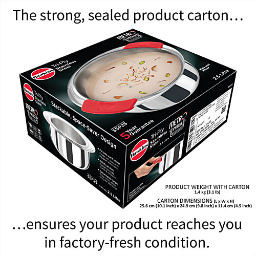 Hawkins Tri-Ply Stainless Steel Metro Patila - With Detachable Snug-fit Silicone Grips, SSP25, 2.5 l  Induction Compatible