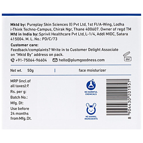 Plum Rice Water & Niacinamide 2% Clear Moisture Clear Moisture Gel Cream, 50 g  Fades Blemishes, Regulates Sebum Production