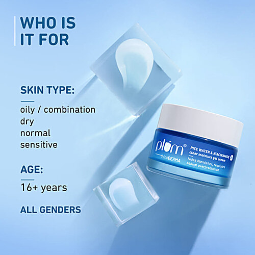 Plum Rice Water & Niacinamide 2% Clear Moisture Clear Moisture Gel Cream, 50 g  Fades Blemishes, Regulates Sebum Production