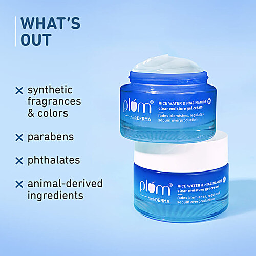 Plum Rice Water & Niacinamide 2% Clear Moisture Clear Moisture Gel Cream, 50 g  Fades Blemishes, Regulates Sebum Production