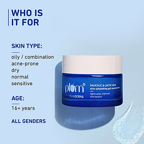 Plum Salicylic & Lactic Acid Skin-Smoothing Gel Moisturizer, 50 g  Fights acne, Improves skin texture