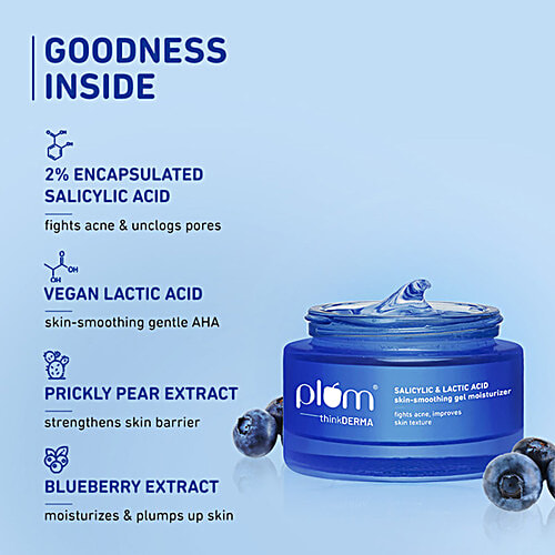 Plum Salicylic & Lactic Acid Skin-Smoothing Gel Moisturizer, 50 g  Fights acne, Improves skin texture