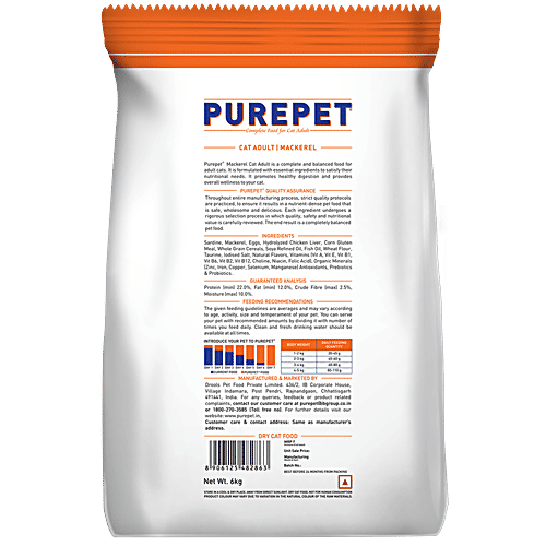 Purepet Mackerel Adult Cat Dry Food, 6 kg Smart Food for a Smarter Pet
Complete Nutrition
Taurine for Healthy Heart