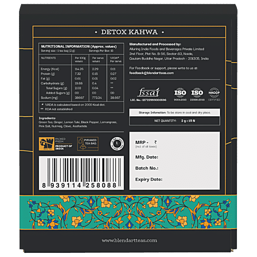 Blend Art Teas Detox Kahwa Green Tea, 30 g (15 Pyramid Bags x 2 g each) With Ginger, Salt and Other Spices