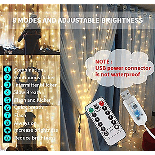 Desidiya 8 Modes Curtain Strip Lights Feature 300 Warm White LEDs In 10 Fairy Light Strands, Each 3 Metres Long, 1 pc  