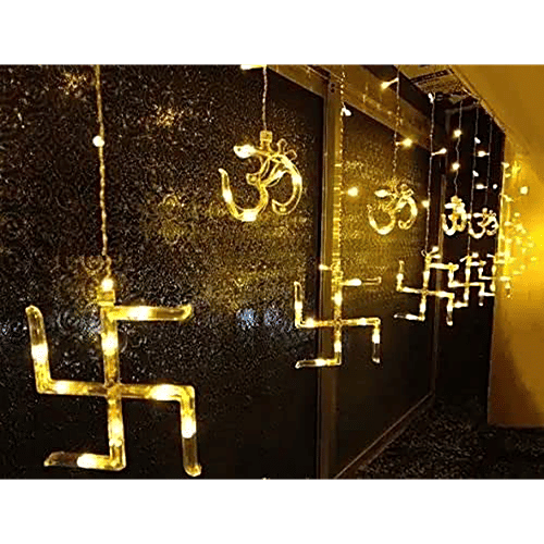 Desidiya Swastik & Om Curtain Lights, Warm White, Decoratives, For Festival & Home Decor, 1 pc  