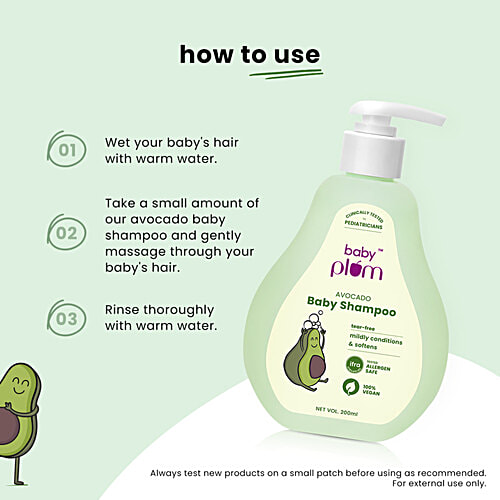 Baby Plum Avocado Baby Shampoo - Tear Free, 200 ml  Mildly Conditions and Softens, pH Balanced, Tested Allergen Safe, 100% Vegan
