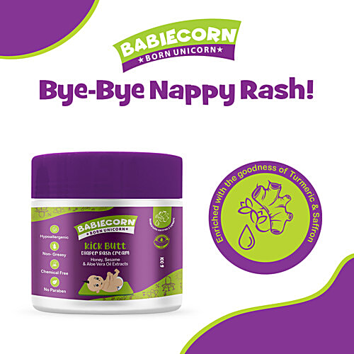 Babiecorn Kick Butt Diaper Rash Cream | Baby Diaper Rash Cream for Butt Skin | 100% Ayurvedic Made With Honey, Sesame, Turmeric, Saffron, and Aloe-Vera Extracts, 100 g  