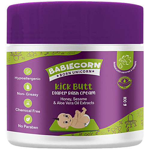 Babiecorn Kick Butt Diaper Rash Cream | Baby Diaper Rash Cream for Butt Skin | 100% Ayurvedic Made With Honey, Sesame, Turmeric, Saffron, and Aloe-Vera Extracts, 100 g  