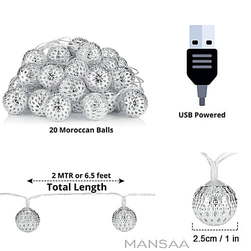 Mansaa Decorative LED String - 2 Mt 20 LEDs, Multicolour, Home & Mandir Decor, Moroccan Balls, 1 pc  