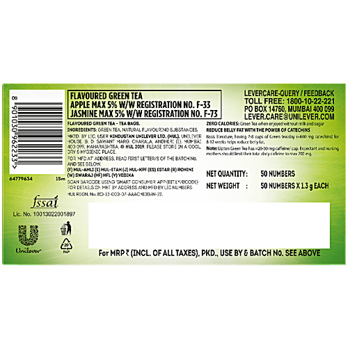 Lipton Clear & Light Green Tea, 65 g (50 Bags x 1.3 g Each)