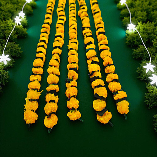 House of Festivals Toran/Mala/Bandhanwar/Bandarwal Marigold - Lemon Yellow Flowers & Green Leaves, 138 cm, 2 pcs  