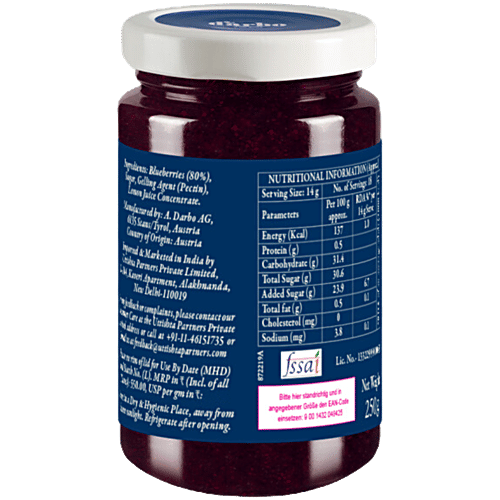 d'arbo Reduced Sugar Jam - Blueberry, With 80% Fruit Content, 250 g Bottle 