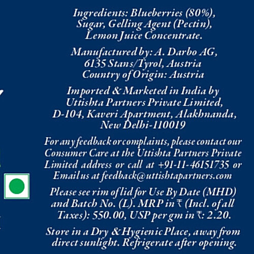 d'arbo Reduced Sugar Jam - Blueberry, With 80% Fruit Content, 250 g Bottle 