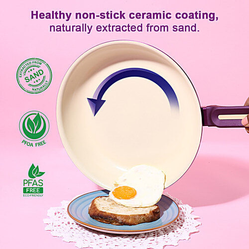 Wonderchef Ceramic Non-Stick Cookware Set - Deep Purple, 3 pcs (Kadai With Lid - 2.5 l, Fry Pan - 1.6 l, Dosa Tawa - 28 cm)