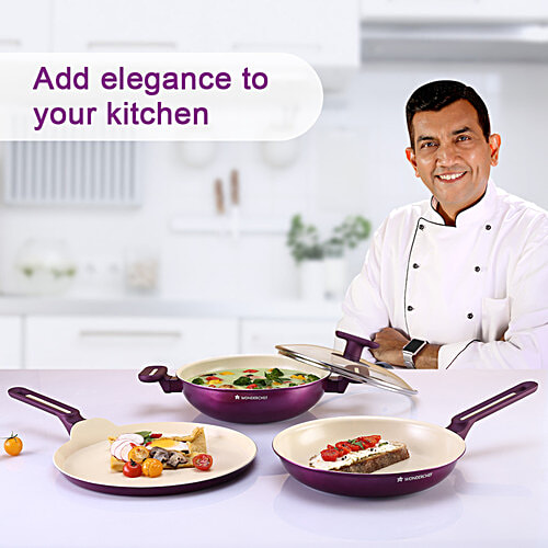 Wonderchef Ceramic Non-Stick Cookware Set - Deep Purple, 3 pcs (Kadai With Lid - 2.5 l, Fry Pan - 1.6 l, Dosa Tawa - 28 cm)