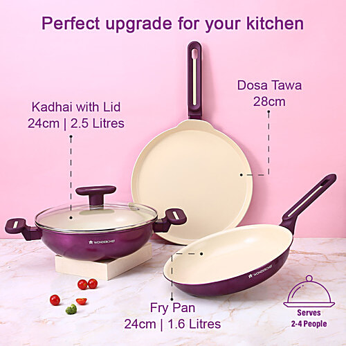 Wonderchef Ceramic Non-Stick Cookware Set - Deep Purple, 3 pcs (Kadai With Lid - 2.5 l, Fry Pan - 1.6 l, Dosa Tawa - 28 cm)