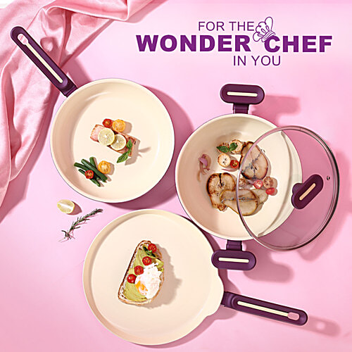 Wonderchef Ceramic Non-Stick Cookware Set - Deep Purple, 3 pcs (Kadai With Lid - 2.5 l, Fry Pan - 1.6 l, Dosa Tawa - 28 cm)