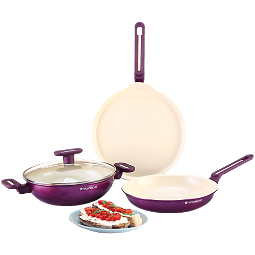 Wonderchef Ceramic Non-Stick Cookware Set - Deep Purple, 3 pcs (Kadai With Lid - 2.5 l, Fry Pan - 1.6 l, Dosa Tawa - 28 cm)
