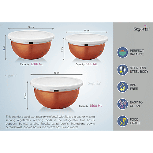 Segovia Stainless Steel Storage/Serving Container Bowl Set - With Lid, Rose Gold Finish, 3 pcs (900 ml, 1.2 l, 1.5 l) 