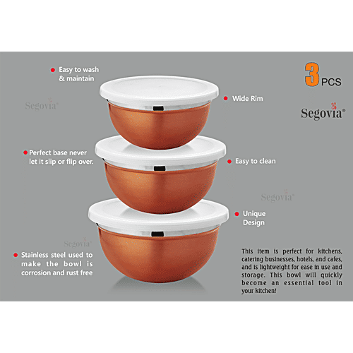 Segovia Stainless Steel Storage/Serving Container Bowl Set - With Lid, Rose Gold Finish, 3 pcs (900 ml, 1.2 l, 1.5 l) 
