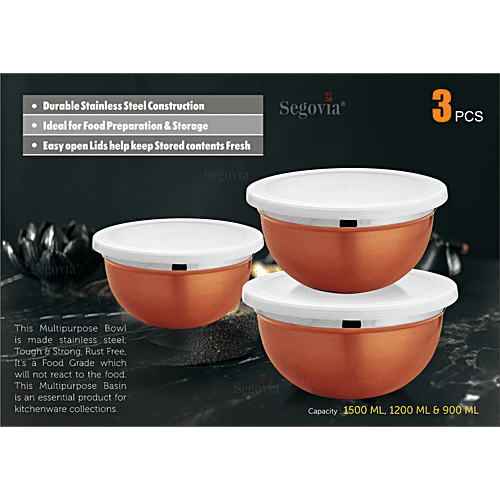 Segovia Stainless Steel Storage/Serving Container Bowl Set - With Lid, Rose Gold Finish, 3 pcs (900 ml, 1.2 l, 1.5 l) 