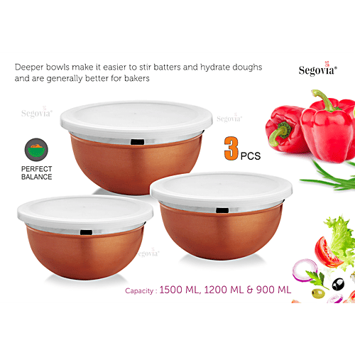 Segovia Stainless Steel Storage/Serving Container Bowl Set - With Lid, Rose Gold Finish, 3 pcs (900 ml, 1.2 l, 1.5 l) 