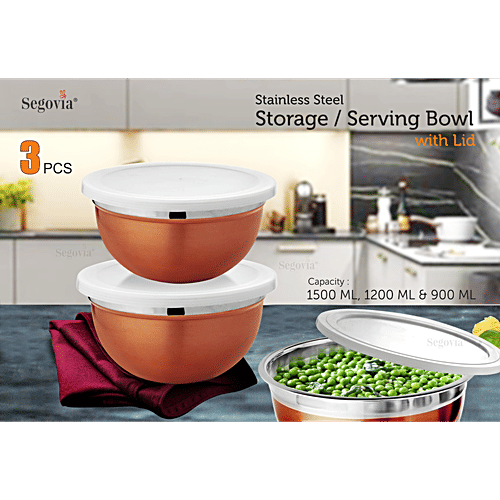 Segovia Stainless Steel Storage/Serving Container Bowl Set - With Lid, Rose Gold Finish, 3 pcs (900 ml, 1.2 l, 1.5 l) 