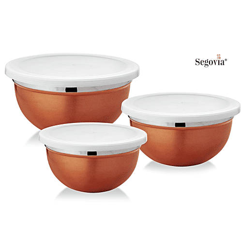 Segovia Stainless Steel Storage/Serving Container Bowl Set - With Lid, Rose Gold Finish, 3 pcs (900 ml, 1.2 l, 1.5 l) 