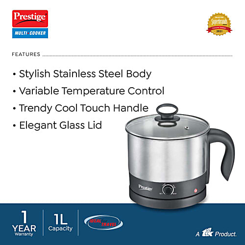 Prestige 1L PMC 1.0 Plus Multi Kettle / Multi Cooker - Glass Lid With Stainless Steel Rim, Temperature Control, Power Indicator, Silver, 1 pc