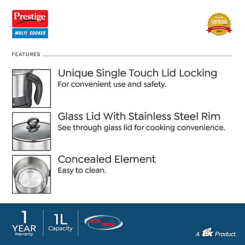 Prestige 1L PMC 1.0 Plus Multi Kettle / Multi Cooker - Glass Lid With Stainless Steel Rim, Temperature Control, Power Indicator, Silver, 1 pc