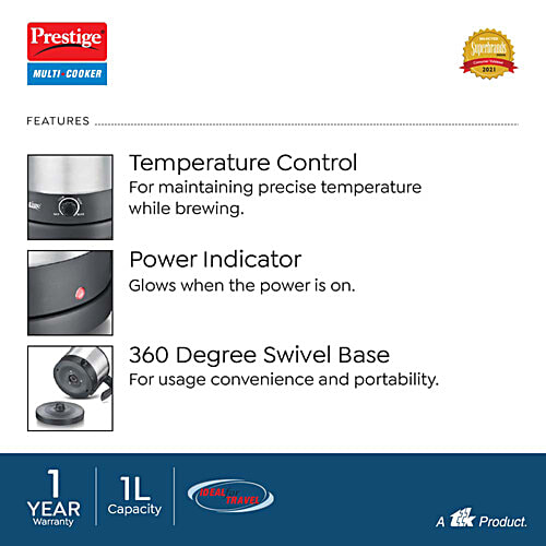 Prestige 1L PMC 1.0 Plus Multi Kettle / Multi Cooker - Glass Lid With Stainless Steel Rim, Temperature Control, Power Indicator, Silver, 1 pc