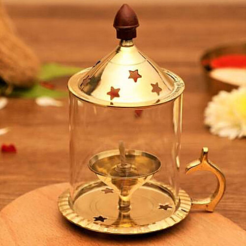 eCraftIndia Brass Akhand Diya With Glass & Option To Hold, 1 pc  
