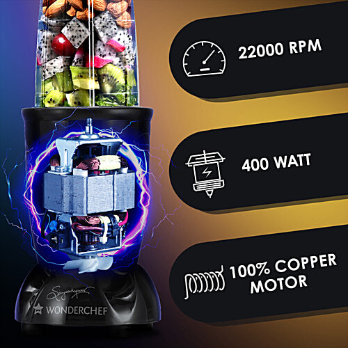 Wonderchef Nutri Blend Mixer Grinder & Blender - With Powerful 400W 22000 RPM Motor, Stainless Steel Blades, 2 Unbreakable Jars, Black, 1 pc