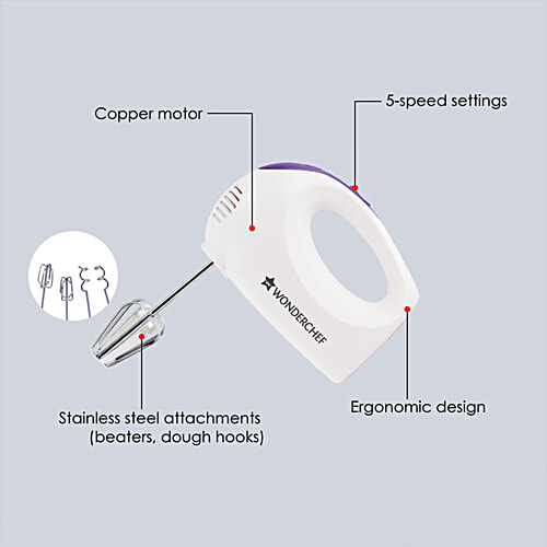 Wonderchef Acura Plus 200 W Electric Hand Blender/Mixer - 5 Speed Option With Steel Beater Whisk & Dough Kneading Hooks, White, 1 pc  5 Speed Option, Compact Light Weight, Hand Blender, Cake Maker Egg Beater, Dough Maker, Stainless Steel Beater Whisk & Dough Kneading Hooks,