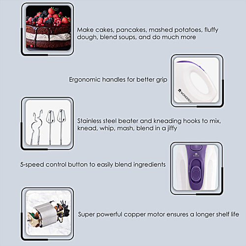 Wonderchef Acura Plus 200 W Electric Hand Blender/Mixer - 5 Speed Option With Steel Beater Whisk & Dough Kneading Hooks, White, 1 pc  5 Speed Option, Compact Light Weight, Hand Blender, Cake Maker Egg Beater, Dough Maker, Stainless Steel Beater Whisk & Dough Kneading Hooks,