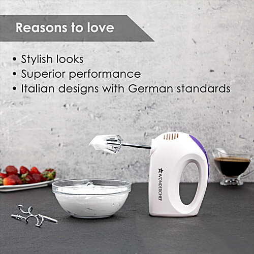 Wonderchef Acura Plus 200 W Electric Hand Blender/Mixer - 5 Speed Option With Steel Beater Whisk & Dough Kneading Hooks, White, 1 pc  5 Speed Option, Compact Light Weight, Hand Blender, Cake Maker Egg Beater, Dough Maker, Stainless Steel Beater Whisk & Dough Kneading Hooks,