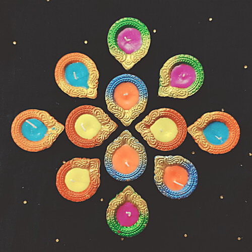 House of Festivals Rainbow Colour Clay/Mitti/Terracotta Diya - With Colourful Wax, Round, 12 pcs  