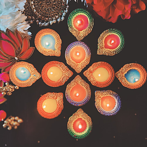 House of Festivals Rainbow Colour Clay/Mitti/Terracotta Diya - With Colourful Wax, Round, 12 pcs  