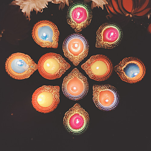 House of Festivals Rainbow Colour Clay/Mitti/Terracotta Diya - With Colourful Wax, Round, 12 pcs  