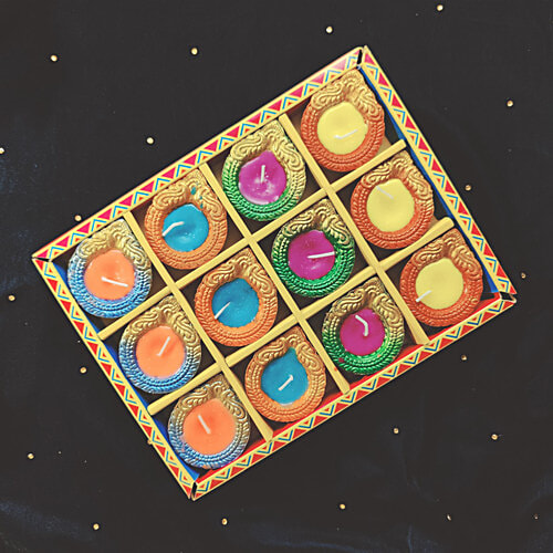House of Festivals Rainbow Colour Clay/Mitti/Terracotta Diya - With Colourful Wax, Round, 12 pcs  