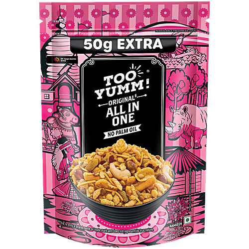 Too Yumm! Namkeen - All In One, 400 g Delicious Mix of Cashews | Rice Flakes | Corn Flakes | Peanuts | Raisins, Not made with Palm Oil