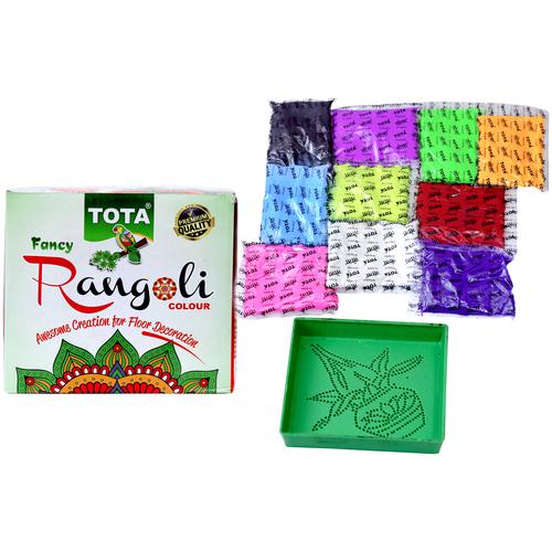 Tota Rangoli Art Colour Powder Rang - For Puja, Ceremony, Decoration, 100 g (10 pcs) With Stencil