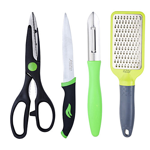Anjali Cutting Set - Kitchen Scissor, Cheese Grater, Veg Knife, Multi Function Peeler, 4 pcs  